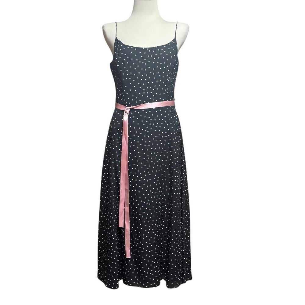 Jessica Howard Sleeveless Belted Polka Dot Midi Dress Black Pink 10